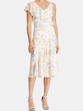 Ralph Lauren Petite 10 Floral Ruffle Midi Dress White Pastels Special Occasion